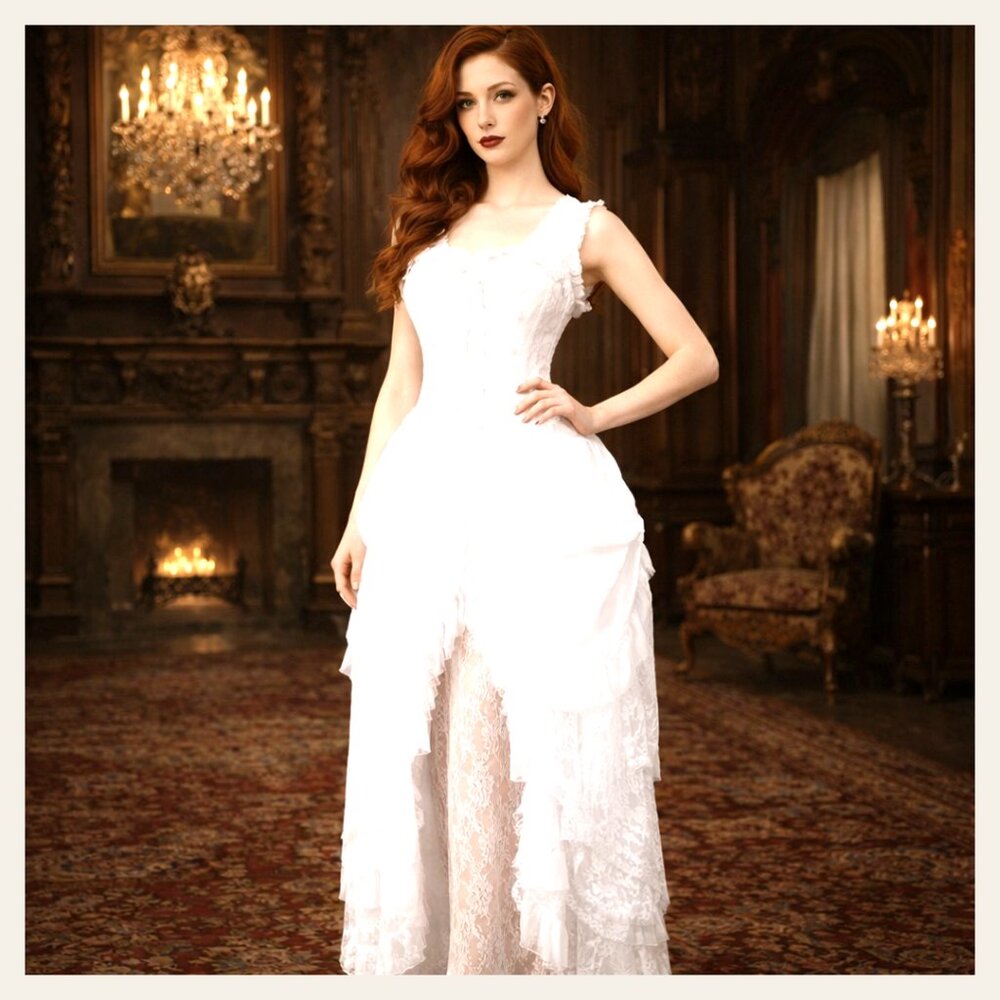 Steel Boned White Lace Victorian Bustle Corset Dress